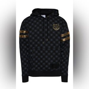 Mens Champion All Over Black and Gold Logo Print Classic Fit Fleece Hoodie